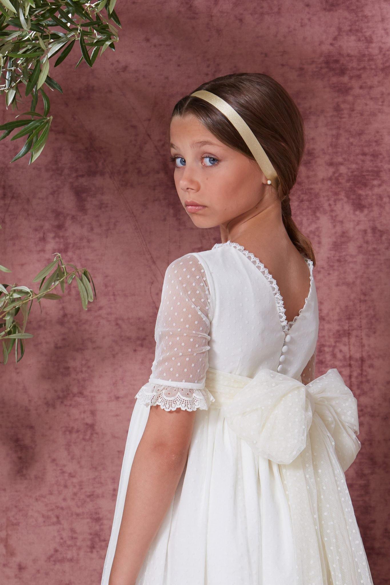 Vestido de primera comuniôn para niña con lazada tul de marca Flor de C - Modini Shop