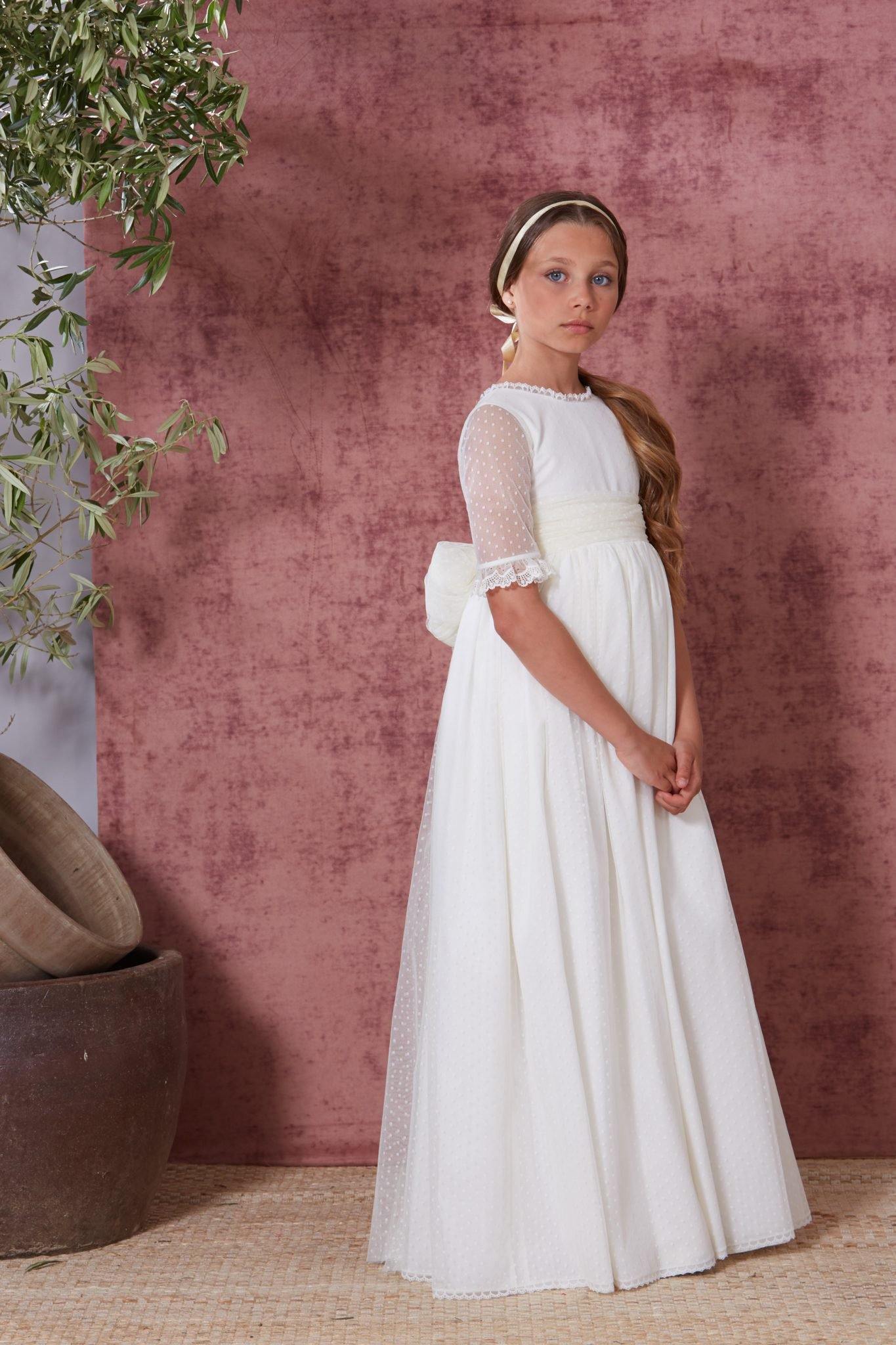 Vestido de primera comuniôn para niña con lazada tul de marca Flor de C - Modini Shop