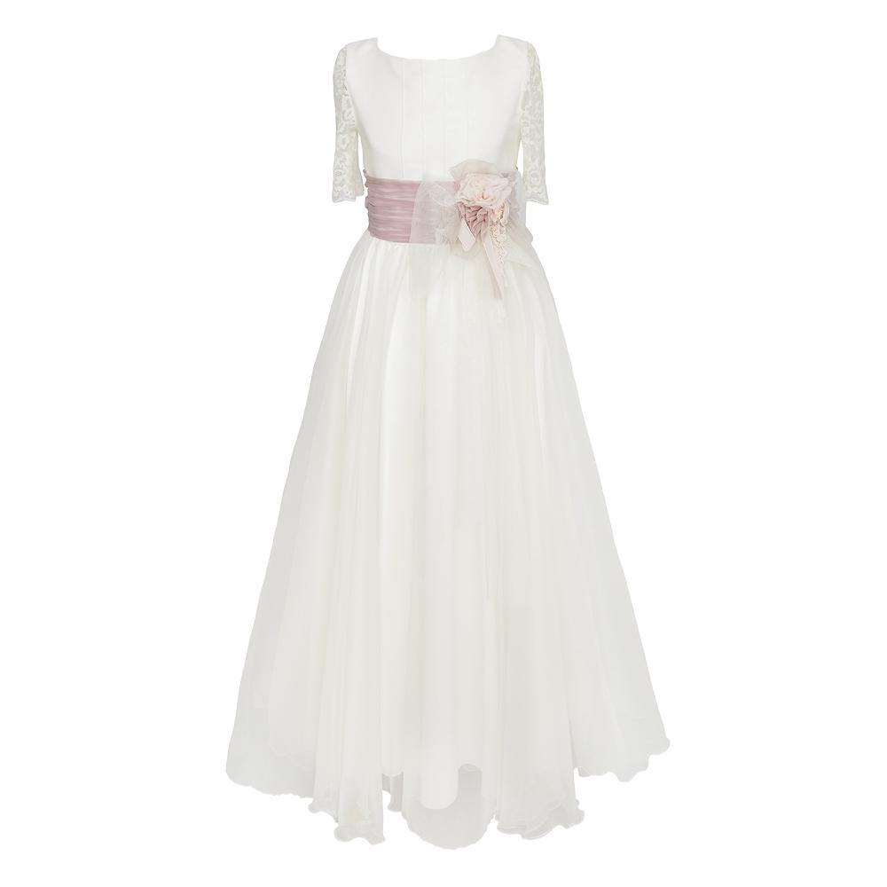 Vestido de comuniôn para niña con una flor y lazada rosa de Marla - Modini Shop