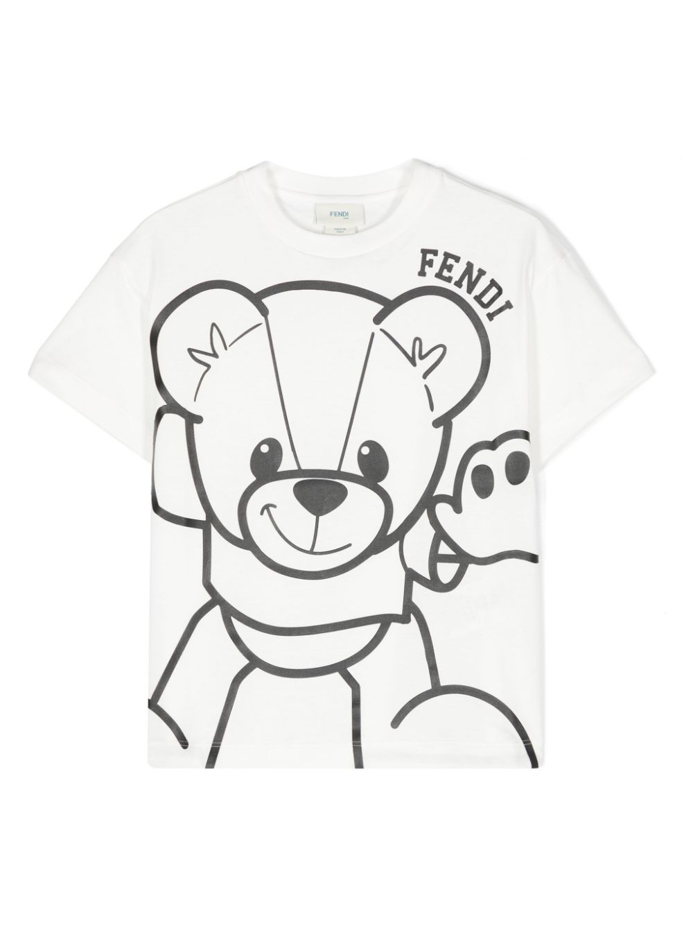 Camiseta blanca estampado de oso y logo de la marca Fendi Kids