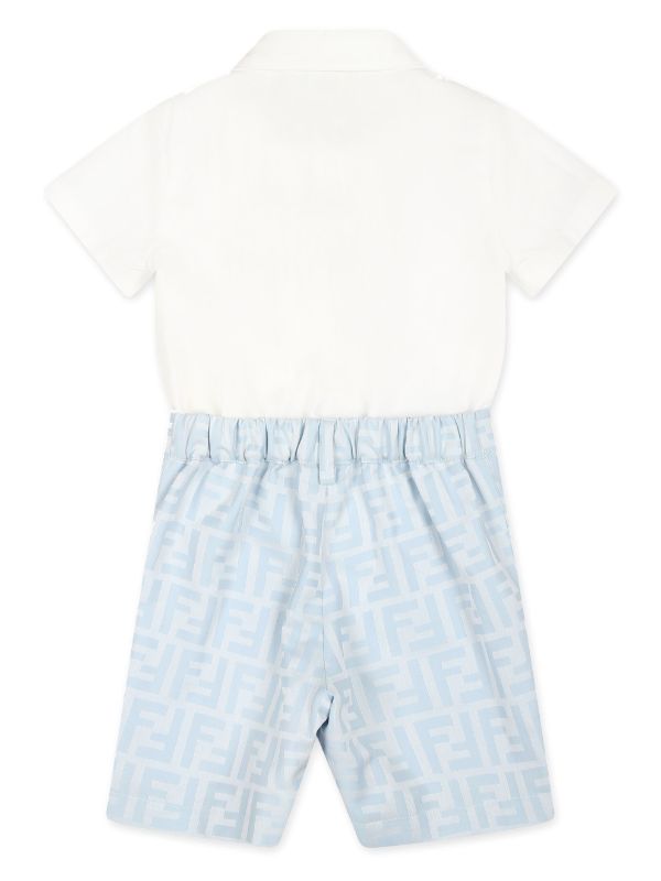 Set de camisa blanca y pantalones cortes celeste para bebe con motivo de logo FF Fendi Kids