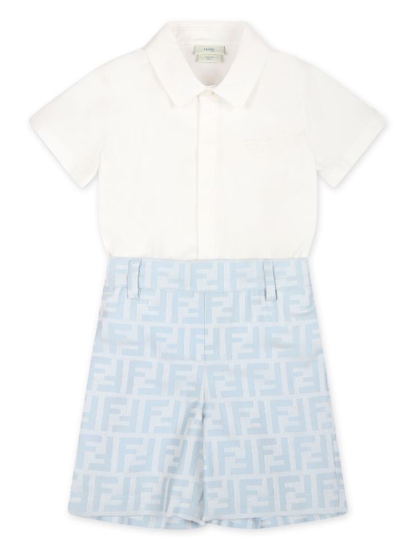 Set de camisa blanca y pantalones cortes celeste para bebe con motivo de logo FF Fendi Kids