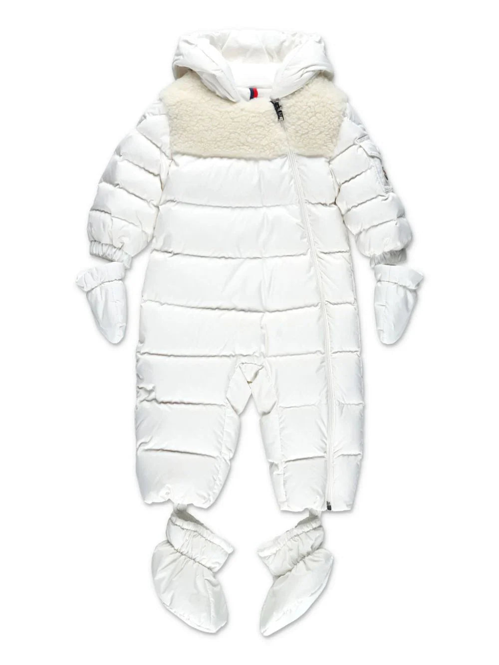 Traje de nieve blanco capitonado con capucha de la marca MONCLER