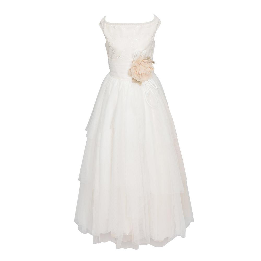Vestido de comuniôn para niña con una flor y lazada nude de Marla - Modini Shop