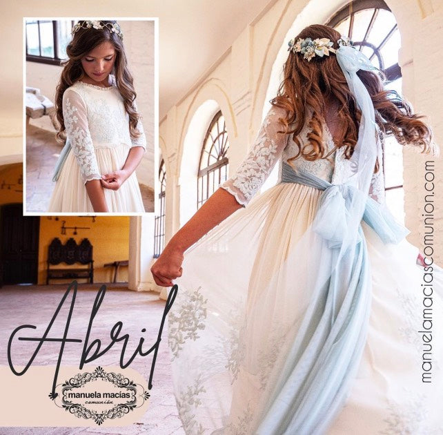 Vestido ABRIL de comunión para niña de la marca Manuela (corona de flores incluida)