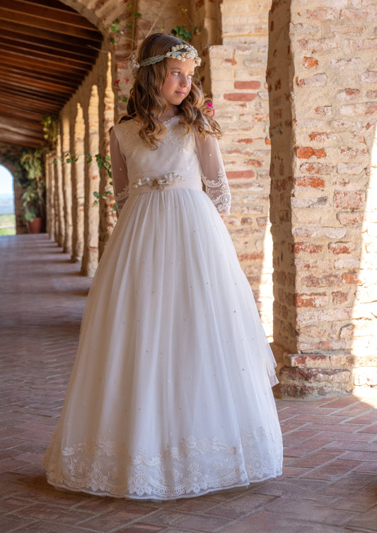 Vestido LARA de comunión para niña de la marca Manuela (corona de flores incluida)