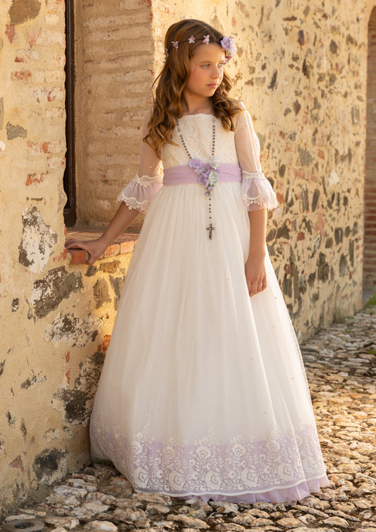 Vestido SIRA de comunión para niña de la marca Manuela (corona de flores incluida)