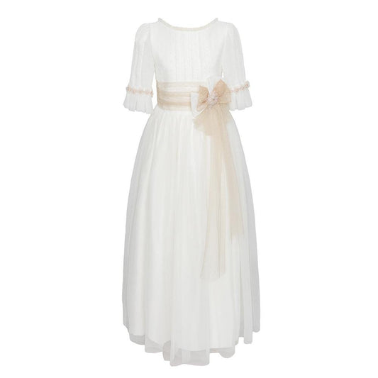 Vestido de comuniôn para niña con una flor y lazada nude de Marla - Modini Shop