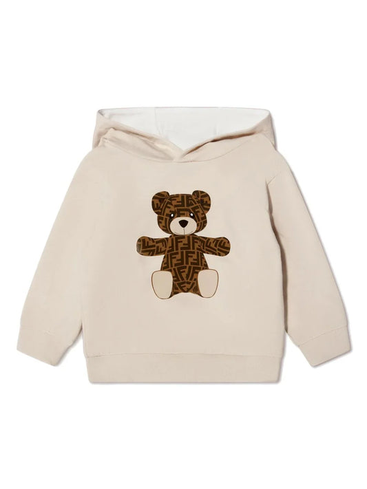 Sudadera color beige con capucha y motivo de oso Fendi Kids