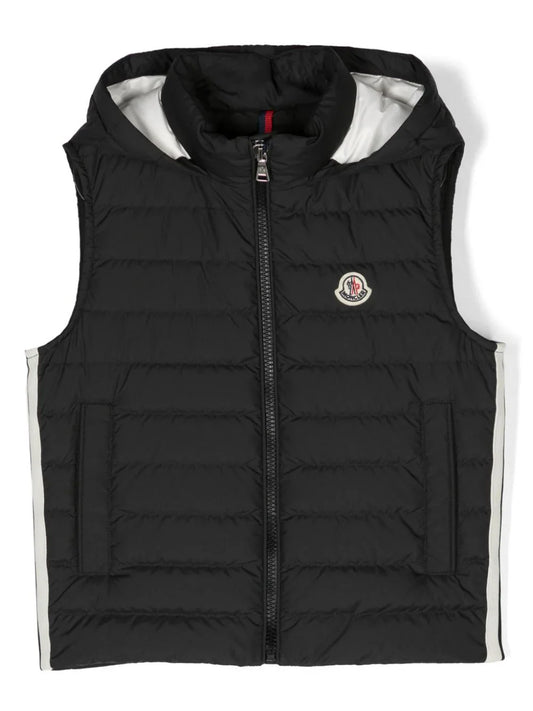 Chaleco negro acolchado con capucha y logo MONCLER