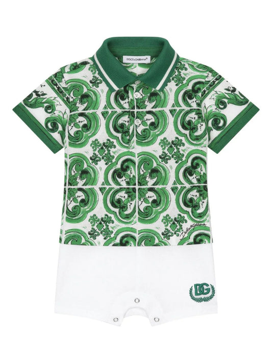 Pelele de color verde con estampado Mayólica Dolce & Gabbana Kids