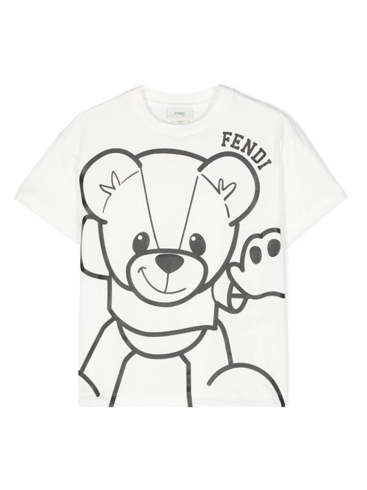 Camiseta blanca estampado de oso y logo  de la marca Fendi Kids