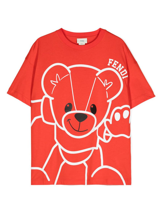 Camiseta roja con OSO y logo estampado de la marca Fendi Kids