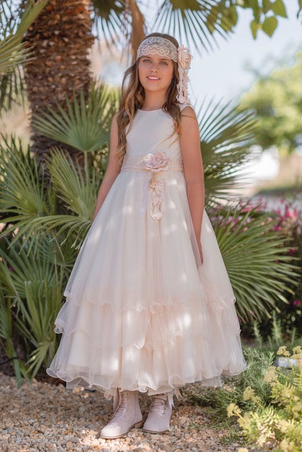 Vestido de comunión salmon 515 para niña de la marca MIMILÚ