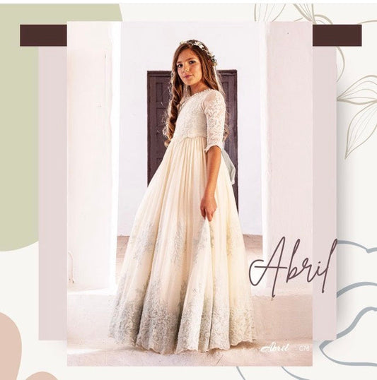Vestido ABRIL de comunión para niña de la marca Manuela (corona de flores incluida)