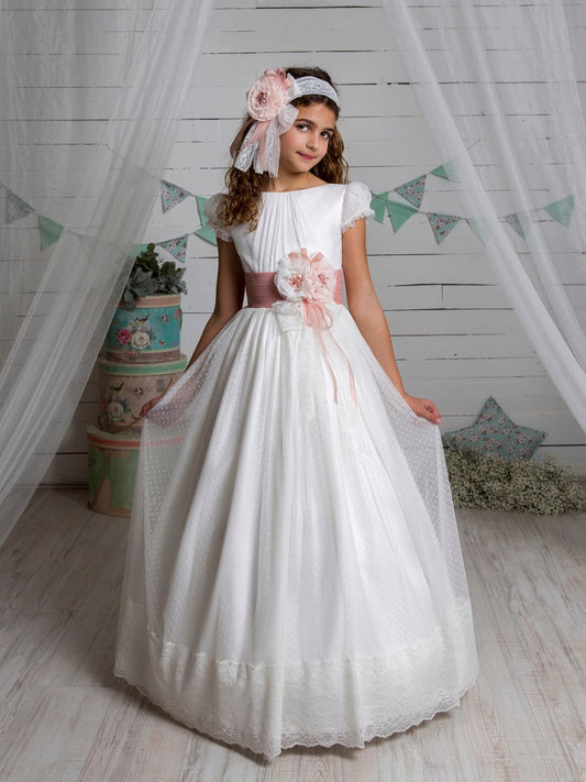 Vestido de comunión L156 con la flor y de media manga MARLA