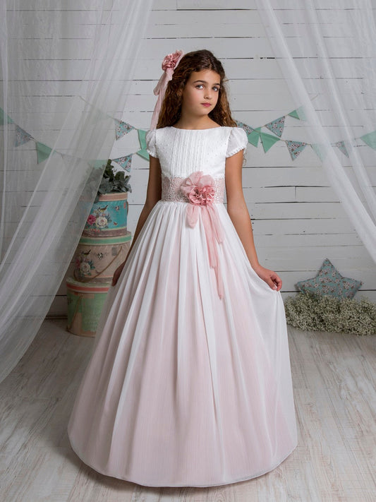 Vestido de comunión L252 con la flor y de media manga MARLA
