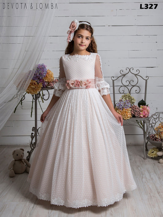Vestido de comunión L327 con las flores y de manga  larga MARLA