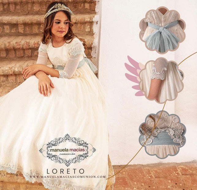Vestido LORETO de comunión para niña de la marca Manuela (corona de flores incluida)