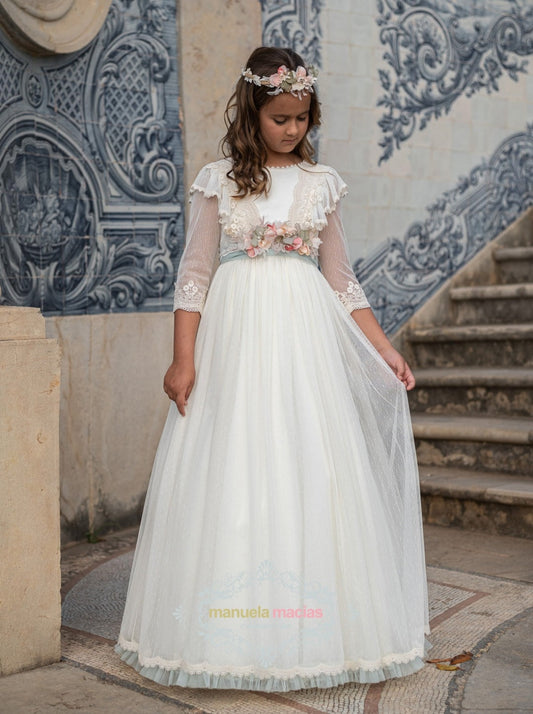 Vestido LEYRE de comunión para niña de la marca Manuela (corona de flores incluida)