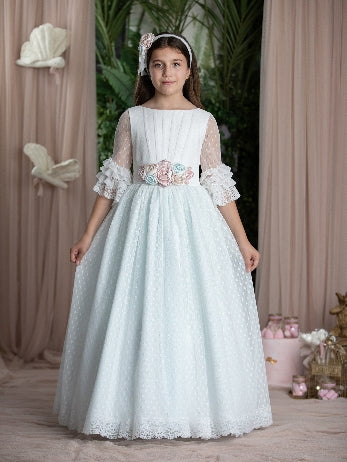 Vestido de comunión R216 con las flores y de manga  larga MARLA