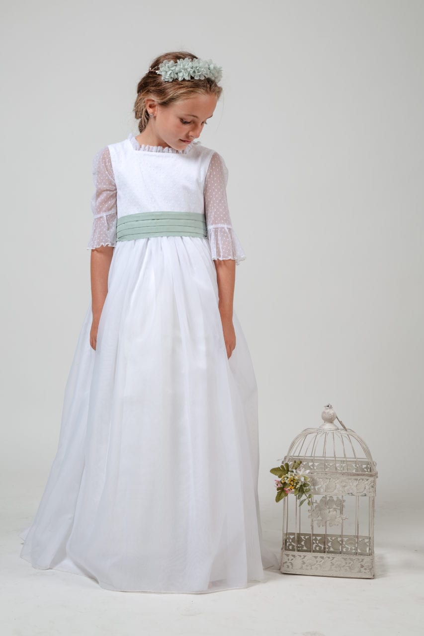 Vestido de comunión para niña con lazada verde TRIANA Coordinanos